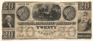 20-Dollar-Schein, ausgestellt von der Augusta Insurance & Banking Co., Augusta, Georgia im Jahr 1858 mit Gravuren der Unabhängigkeitserklärung nach Trumbull, Washington nach Stuart (?) von Unknown