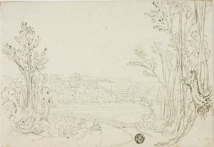 Karren über Brücke zwischen Bäumen; Villa in der Ferne von Unknown
