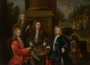 Elihu Yale sitzt am Tisch mit dem zweiten Herzog von Devonshire und Lord James Cavendish