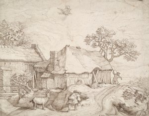 Bauernhäuser mit Bauern, einer Ziege und der Entführung des Ganymed von Unknown