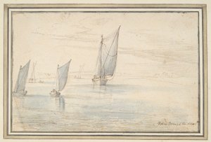 Fünf Boote segeln auf einem Fluss von Unknown
