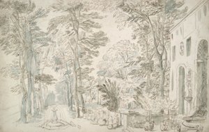 Garten mit Brunnen und Topfsträuchern von Unknown