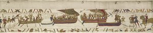Harold überquert den Kanal in das Gebiet von Guy, Graf von Ponthieu, wo er gefangen genommen wird, Bayeux-Tapete