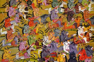 Marwar-Malerei: Detail aus Die Dämonen bereiten sich auf den Kampf gegen die Göttin Durga vor, Mehrangarh Fort Palastmuseum, Jodhpur, Rajasthan, Indien