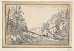 Gebirgige Landschaft mit Holzbrücke