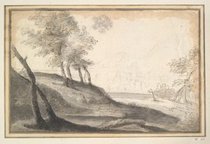 Gebirgige Landschaft mit Bäumen und Stadt in der Ferne