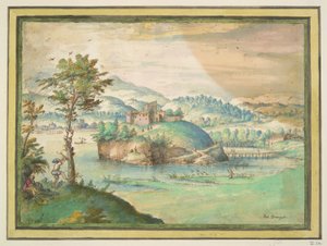 Flusslandschaft mit Mann, der auf einen Baum klettert von Unknown