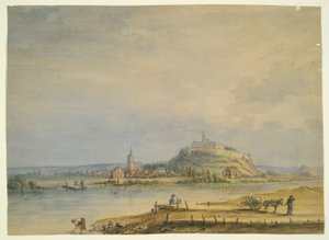 Flusslandschaft mit Stadt, Burg auf dem Hügel und arbeitenden Bauern