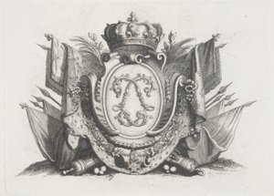 Königliches Wappen mit Krone und Flaggen und verschlungenen 
