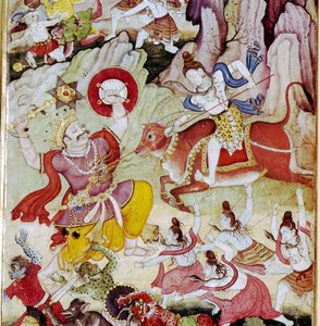 Siva zerstört den Dämon Andhaka, Harivamsa-Manuskript, Mughal, um 1590