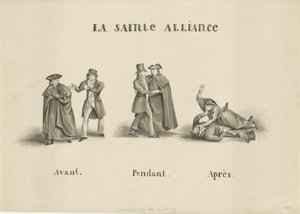 Karikatur auf die Allianz zwischen der römisch-klerikalen Partei und der liberalen Partei gegen die niederländische Regierung, 1828 von Unknown
