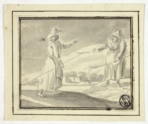 Zwei Bäuerinnen begrüßen sich auf einem Feld von Unknown