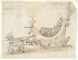 Zwei Kostümstudien (recto); Wagen in Form eines Einhorns (verso) von Unknown