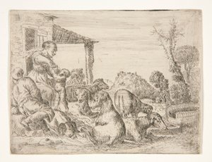 Bauernfamilie mit Hunden und Lämmern in einer Landschaft von Unknown