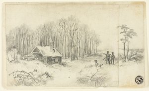 Waldhütte mit herannahenden Jägern