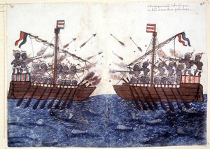 Gravur aus dem 16. Jahrhundert, die die Begegnung mit einem Piratenschiff im Indischen Ozean darstellt. Rom, Biblioteca Casanatense. von Unknown artist