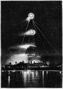 Weltausstellung 1889: Der Eiffelturm, beleuchtet von Bengalischen Flammen am Abend der Eröffnung der Ausstellung, 6. Mai