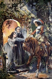Illustration des 19. Jahrhunderts, die eine Episode aus einer Kinderfabel darstellt: ein Ritter besucht ein junges Mädchen und ihre Großmutter. Gravur