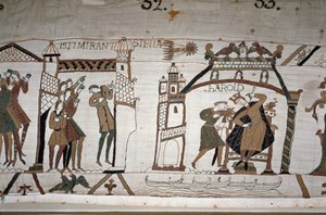 32: Das Erscheinen des Kometen; 33: Ein Bote warnt König Harold II. (1022-1066) - Bayeux-Tapete, bekannt als Stickerei der Königin Mathilde von Unknown artist