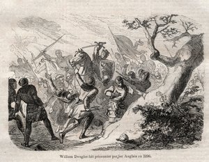 Verhaftung von Sir William Douglas „der Harte“ (der Kühne), Lord von Douglas (1243 - 1298) im Jahr 1296 - Gravur in „Dictionnaire populaire illustrious“ - 1864 - von Joseph Decembre und Edmond Allonier - von Unknown artist