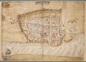Eine Darstellung der Stadt Hull aus dem 16. Jahrhundert. Diese Karte zeigt die Stadt Hull, gelegen an der Mündung des Flusses Hull in die Humber-Mündung. Es ist eine von einer Reihe von Plänen, die den Zustand der Küstenverteidigungen um 1530 zeigen.