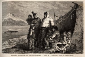 Eine grönländische Inuit-Familie in ihrem Sommerlager aus Fellen. Illustration der Reise zum freien Meer des Arktischen Pols, von Doktor Hayes, Chirurg der US-Marine, 1860-1862, veröffentlicht in 