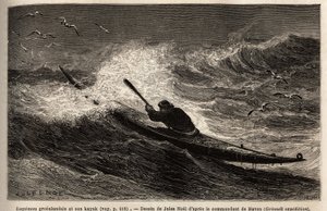 Ein grönländisches Kajak, das die Wellenbarriere passiert. Gravur zur Illustration der Reise zum freien Meer des arktischen Pols, von Doktor Hayes, Chirurg der US-Marine, 1860-1862, veröffentlicht in „Le tour du monde, nouveau journal des voyages“, herausg