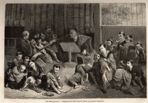 Eine japanische Schule, zur Unterweisung junger Jungen, die um ihren Lehrer hocken, lernen sie durch Rezitationsübungen die Elemente des Alphabets und der Grammatik. Gravur zur Illustration der Reise nach Japan in den Jahren 1863-1864 von Aime Humbert, Min