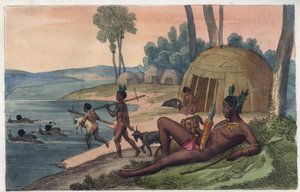 Ein Korah-Hottentotten-Dorf am linken Ufer des Oranje-Flusses - Gravur aus „Usi e Costumi di Tutti i Popoli dell