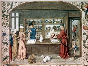 Ein Miniaturschmuckladen aus „Le lapidaire de Jean (Jehan) de Mandeville (1300-1372)“ 15. Jahrhundert Paris, B.N. von Unknown artist