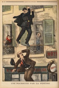 Ein Polizist aus Montreuil zögert nicht, sich aus dem Fenster zu werfen, um einen Einbrecher zu verfolgen, der gerade gesprungen ist, um seinen Verfolgern zu entkommen. Gravur in "Le petit journal" 17/12/1899. Selva Sammlung.