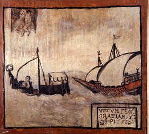 Eine Barbaresken-Galeere verfolgt ein Boot neapolitanischer Fischer. Ex-voto aus dem 17. Jahrhundert. Madonna dell