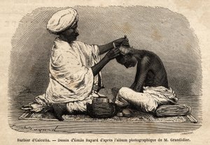 Ein Barbier arbeitet auf den Straßen von Kalkutta. Gravur zur Illustration der Reise in die südlichen Provinzen Indiens, von Alfred Grandidier, 1862-1864, veröffentlicht in „Le tour du monde“, herausgegeben von Edouard Charton, Edition Hachette, Paris von Unknown artist