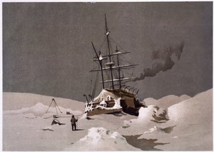 Ein Boot im Eis gefangen - in "Die Küsten des Polarmeeres, eine Erzählung der Arktisexpedition", von Dr. Edward Moos, Marcus Nard & Co, London