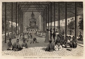 Eine Bonzen-Ordinationszeremonie in einem Tempel in der Nähe von Angkor, Kambodscha. Gravur zur Illustration der Entdeckungsreise in Indochina, von Francis Garnier, Leutnant de Vaissseau, 1866-1868, veröffentlicht in „Le tour du monde“ 1870-1871, herausgeg von Unknown artist