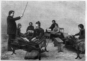 Ein Konzert von Monochorden, ausgeführt von jungen Mädchen. Gravur in „La Nature. Revue des sciences et de ses applications aux arts et a l