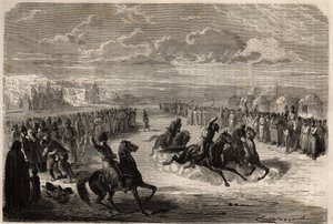 Ein Wettkampf im Ringen mit bloßen Händen und ein Pferderennen unter den Turkmenen, organisiert während der großen öffentlichen Feierlichkeiten, die Renndistanz beträgt einen Kilometer, zwischen drei oder vier Konkurrenten, der Gewinner erhält ein Stück Ba von Unknown artist