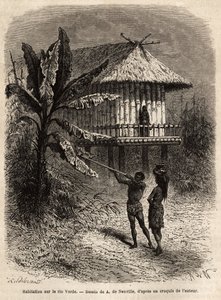 Ein Paar Indianer aus Rio Verde (Brasilien), der Mann mit seiner Blasrohr, vor einem typischen Pfahlbau. Gravur zur Illustration der Reise nach Neugranada, von Dr. Saffray, 1869, veröffentlicht in „Le tour du monde“ 1873, herausgegeben von Edouard Charton,