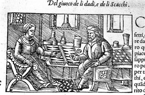 Ein Paar spielt Würfel. Gravur nach „Historia de gentis septemtrionalis“ von Olaus Magnus, Rom 1560