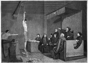 Ein Gericht im 15. Jahrhundert - Verhör. Die Frage wird mit Gewichten an den Füßen aufgehängt. Gravur nach dem Gemälde von Adolphe Steinheil, präsentiert im Salon von 1875.