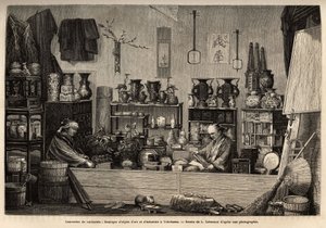Ein Kuriositätenladen in Yokohama. Gravur zur Illustration der Reise nach Japan, von Aime Humbert, Minister der Schweizerischen Eidgenossenschaft, 1863-1864, veröffentlicht in "Le tour du monde" 1869, herausgegeben von Edouard Charton, Edition Hachette, Pa