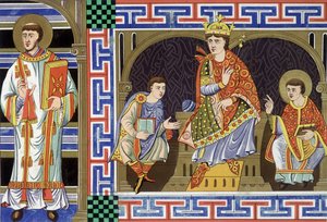 Ein Diakon, eine edle Figur, ein König und ein Bischof, die das Volk des zehnten Jahrhunderts darstellen; Illustration des neunzehnten Jahrhunderts aus "Frankreich im zehnten Jahrhundert"