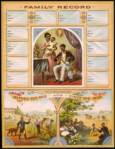 Ein Diagramm, das zwei Farmen zeigt, die Sklaverei und Freiheit vergleichen. Oberer Teil für die Aufzeichnung von Familienjubiläen reserviert. Gravur ca. 1880 von Unknown artist