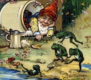 Ein Zwerg oder Kobold spielt mit Fröschen. Chromolithographie aus dem 19. Jahrhundert