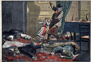 Eine ermordete Familie: Mord an der Familie Leblond durch Caillard, einen Wahnsinnigen, in Nassandre, nahe Bernay. Illustration in „Le Pelerin“ vom 10. April