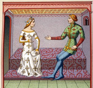 Eine galante Szene im Mittelalter: Ein junger Mann umwirbt eine Prinzessin. Falsches Kolleg nach einem Manuskript. 19. Jahrhundert. von Unknown artist