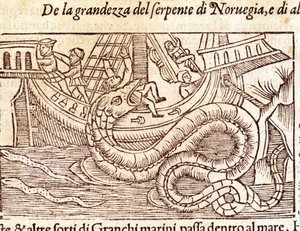Eine riesige Meerschlange greift ein Schiff an und schlägt seine Besatzung. Gravur von Olaus Magnus (1490-1557), schwedischer Geistlicher und Geograph, „Historia de Gentis Septentrionalibus“, Venedig von Unknown artist