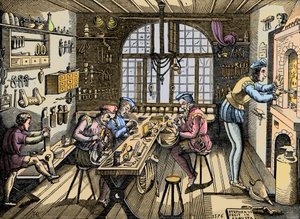 Eine Goldschmiedewerkstatt - Handwerk: Ansicht der Werkstatt von Etienne Delaune (1518-1583), Goldschmied, französischer Drucker. Gravur nach einem Original von 1576. Werkstatt von Etienne Delaulne, einem Goldschmied in Paris