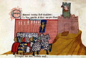 Eine Gruppe von fränkischen Rittern kommt in einer Burg an. Miniatur aus „Einzug von Spanien“. 14. Jahrhundert Venedig, Biblioteca Marciana. von Unknown artist