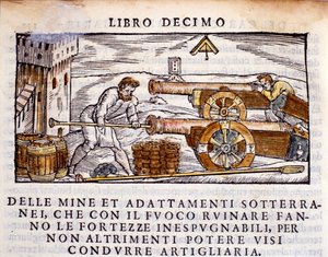 Ein Kanonier lädt eine Kanone mit Sprengstoff. Gravur aus der Metallurgie „De la Pyrotechnia“ (oder Pirotechnia) von Vannoccio Biringuccio (1480-1539) 1550 von Unknown artist